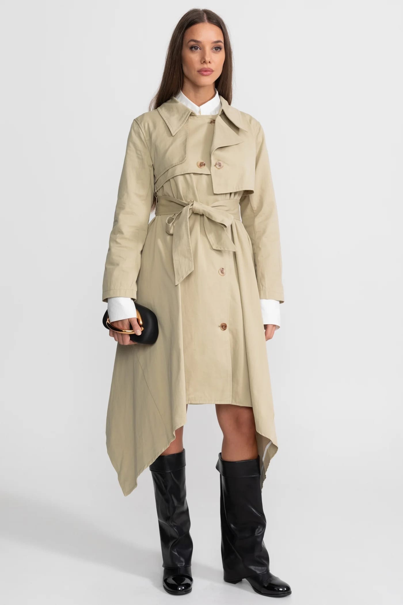 Asymmetrical Hem Belted Long Coat - Khaki