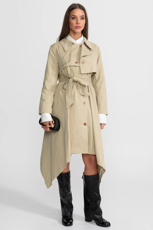 Asymmetrical Hem Belted Long Coat - Khaki