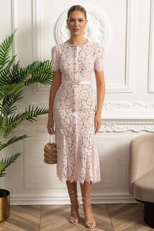 Belted Lace Midi Dress With Fitted Bodice - Pink