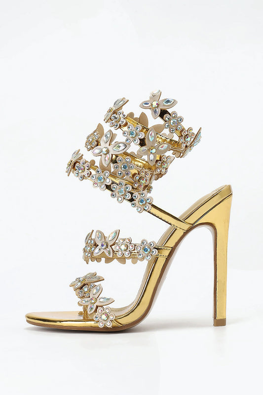 Strappy Sandals with Butterfly and Flower Details - Gold
