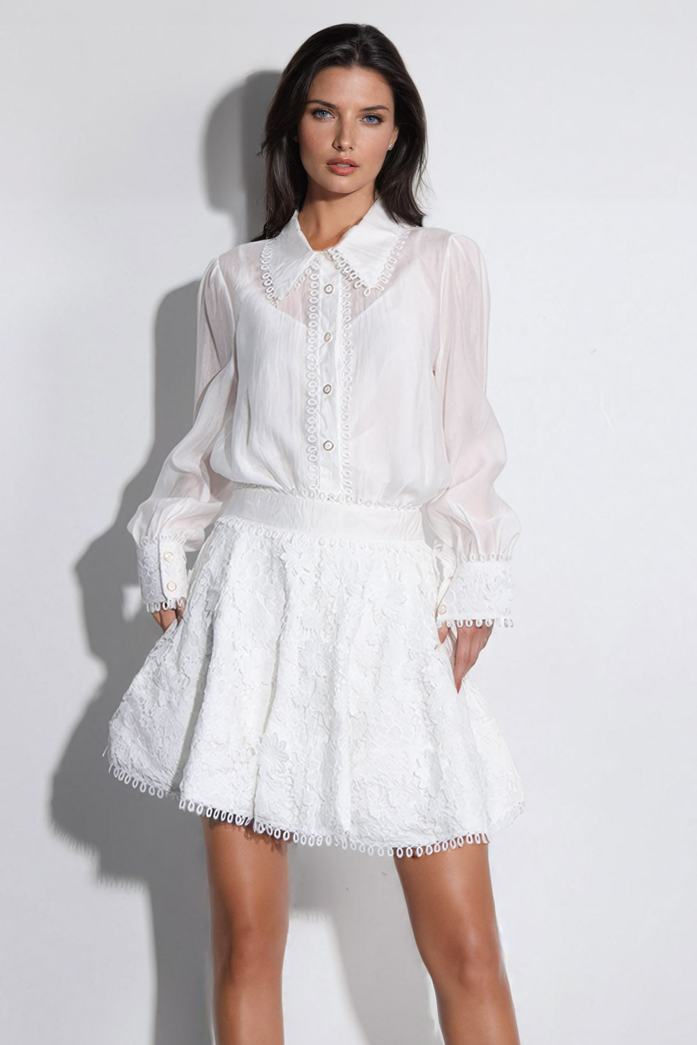 Two-Piece Set with Lace Shirt Accent and Flared Skirt - White