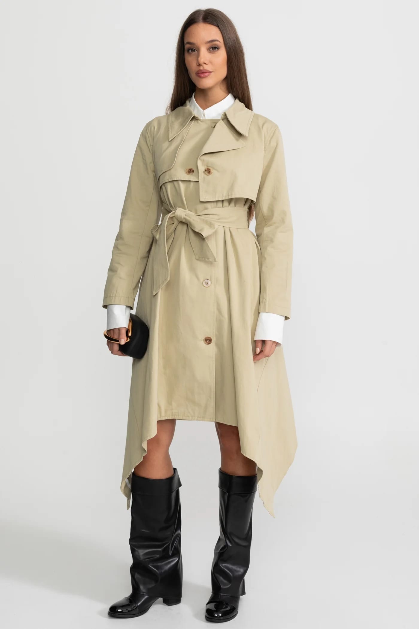 Asymmetrical Hem Belted Long Coat - Khaki