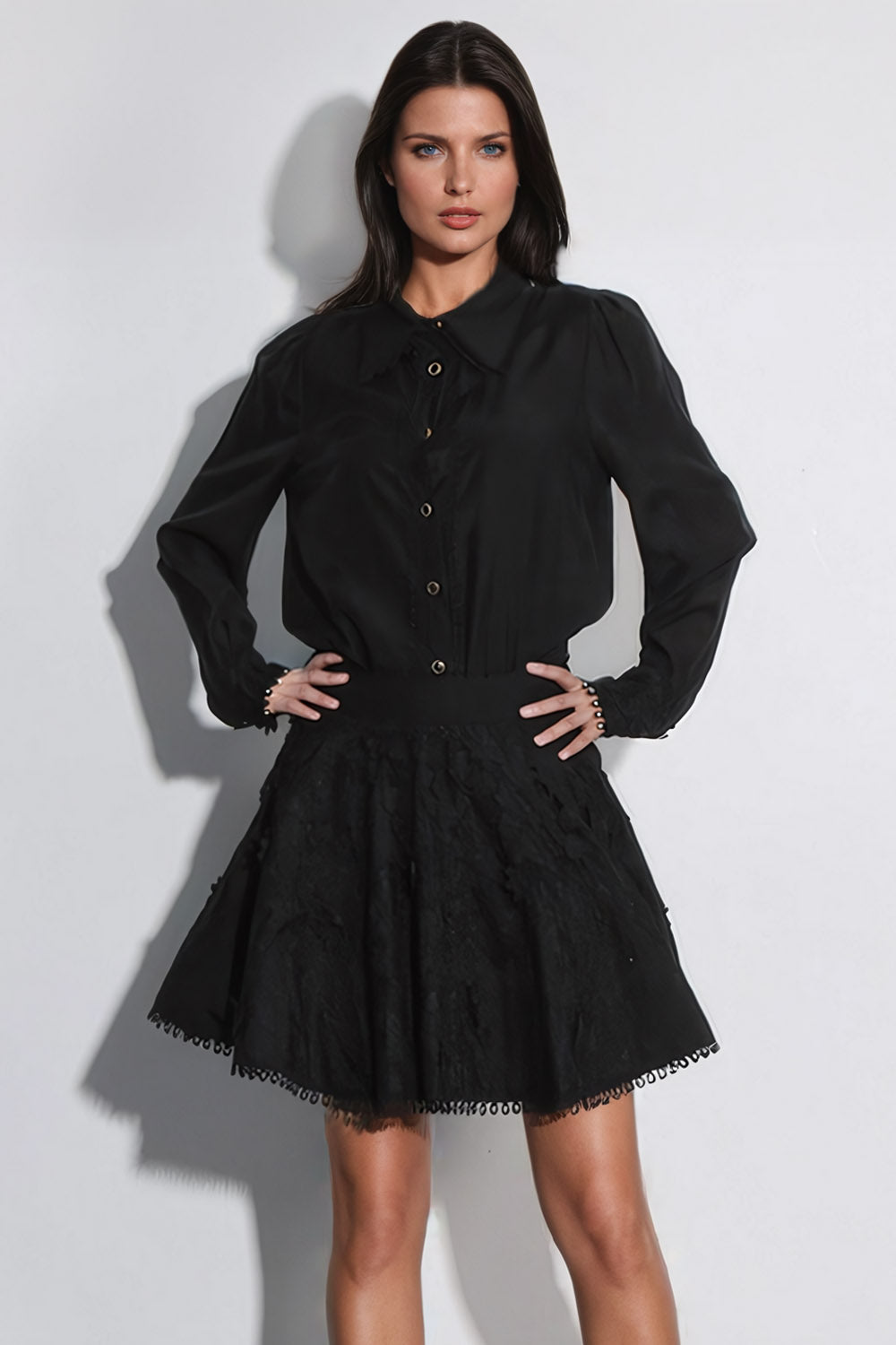 Two-Piece Set with Lace Shirt Accent and Flared Skirt - Black