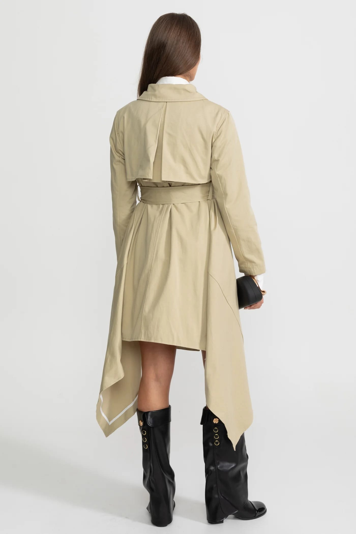 Asymmetrical Hem Belted Long Coat - Khaki