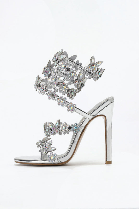 Strappy Sandals with Butterfly and Flower Details - Silver