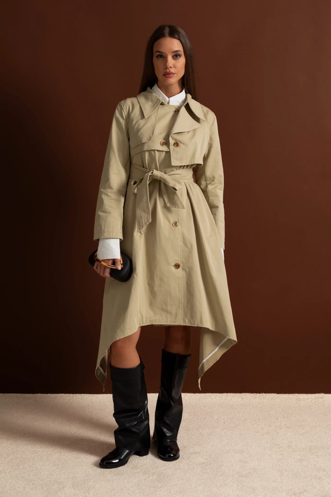 Asymmetrical Hem Belted Long Coat - Khaki