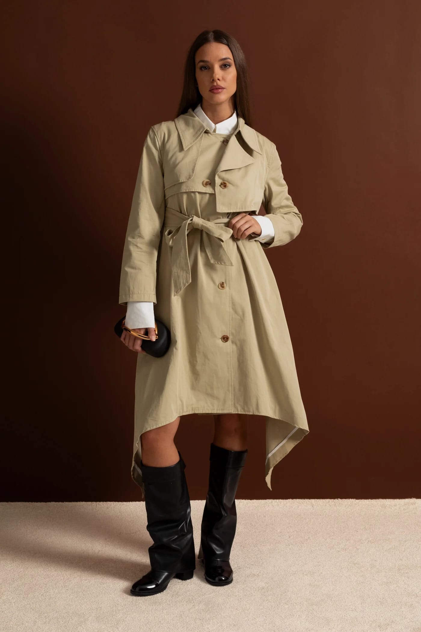 Asymmetrical Hem Belted Long Coat - Khaki
