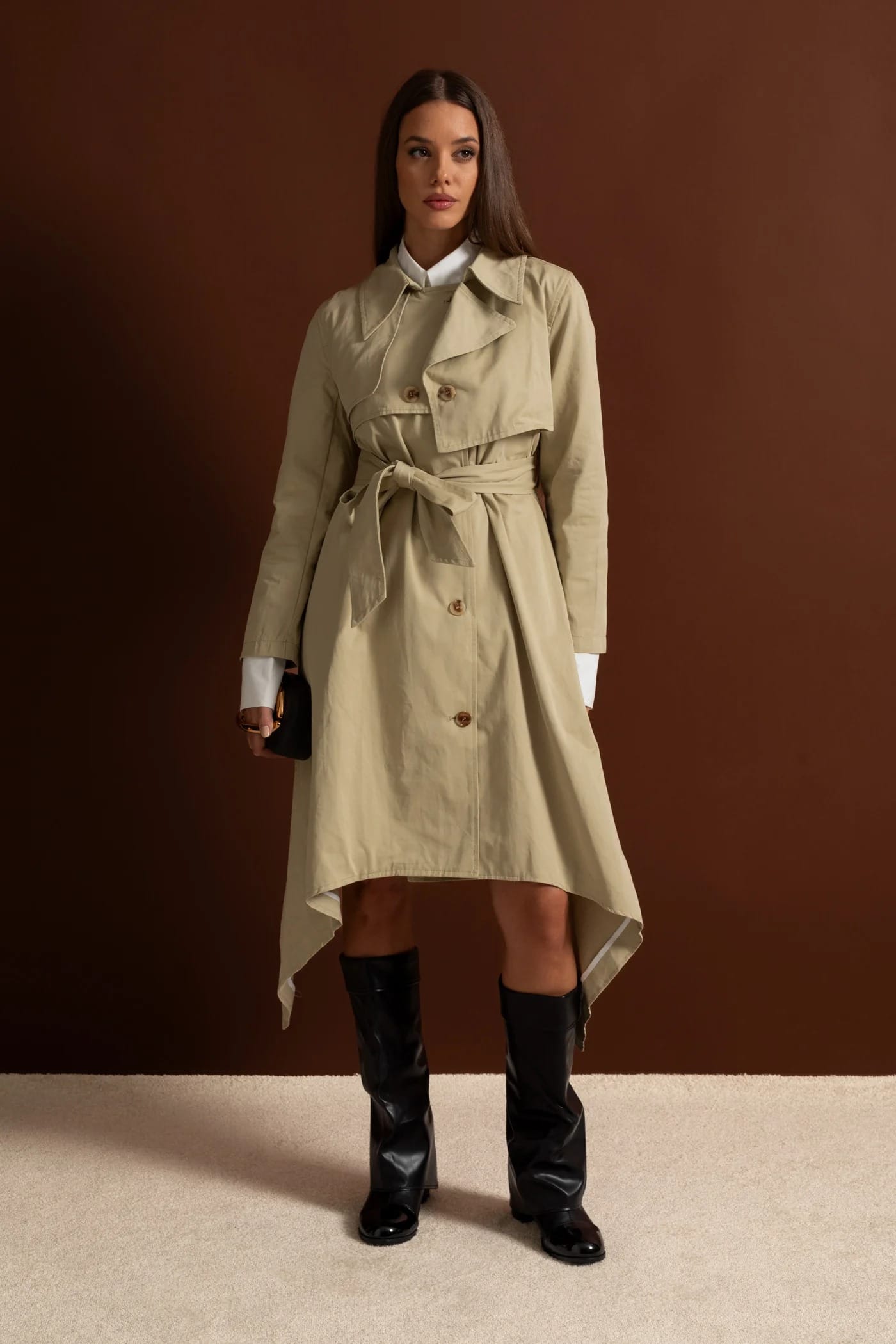 Asymmetrical Hem Belted Long Coat - Khaki