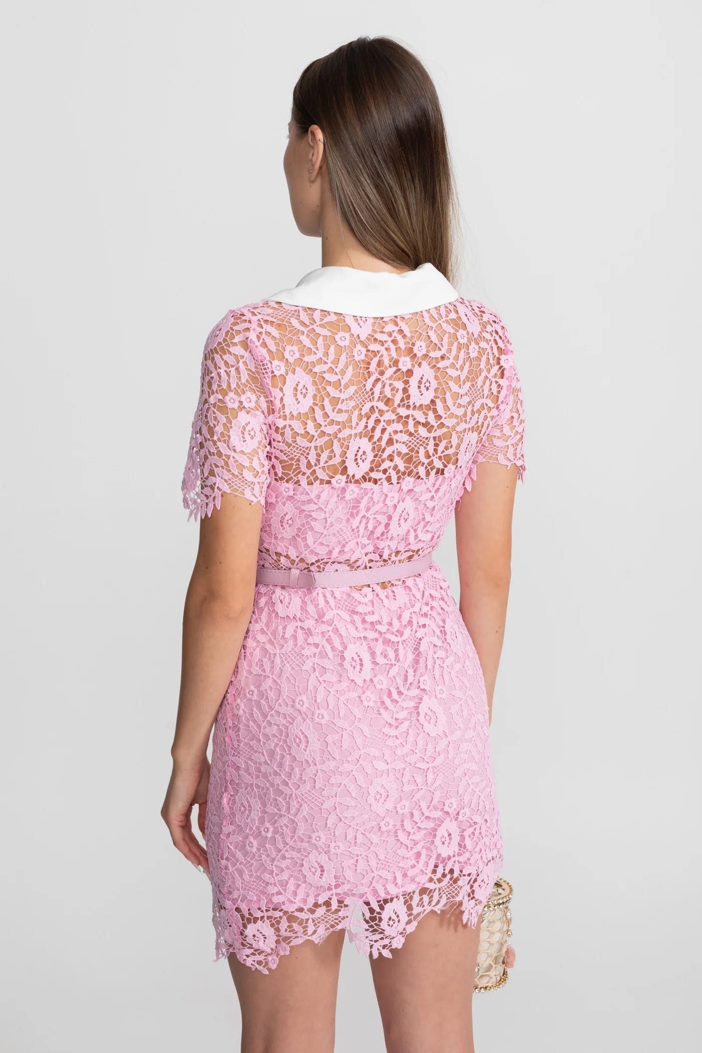 Lace Short Sleeve Mini Dress with Collar and Belt - Pink