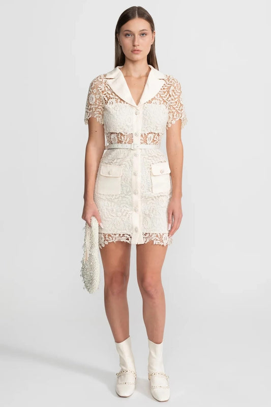 Lace Short Sleeve Mini Dress with Collar and Belt - White