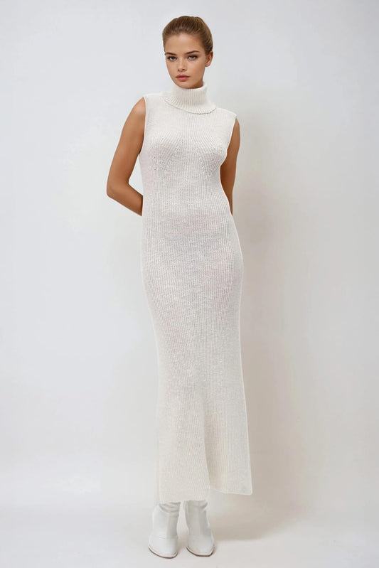 High Neck Sleeveless Knit Maxi Dress - Beige