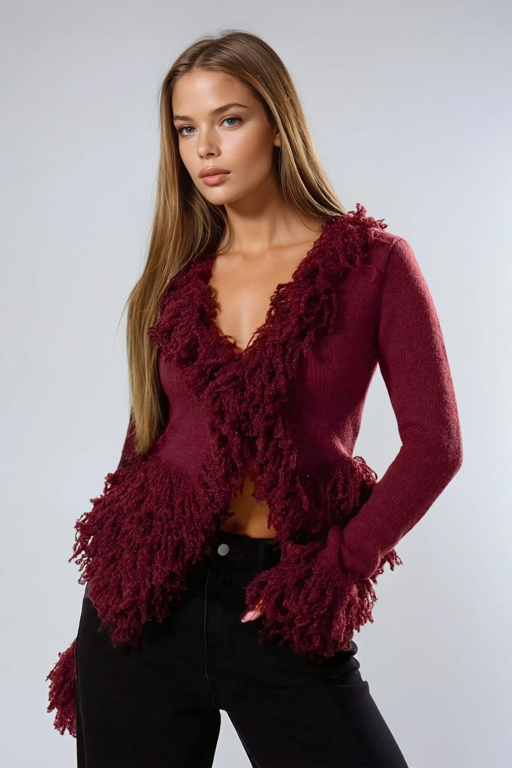 Knitted V-Neck Fringe Trim Top - Maroon