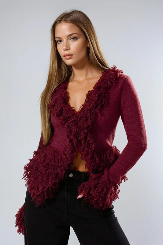 Knitted V-Neck Fringe Trim Top - Maroon