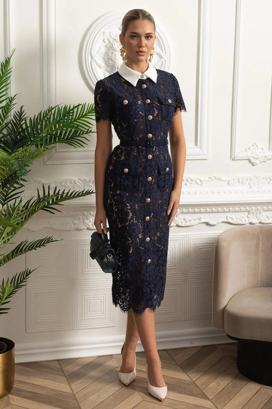 Lace Shirt Dress With Contrast Collar And Gold Button Detail - Dark Blue