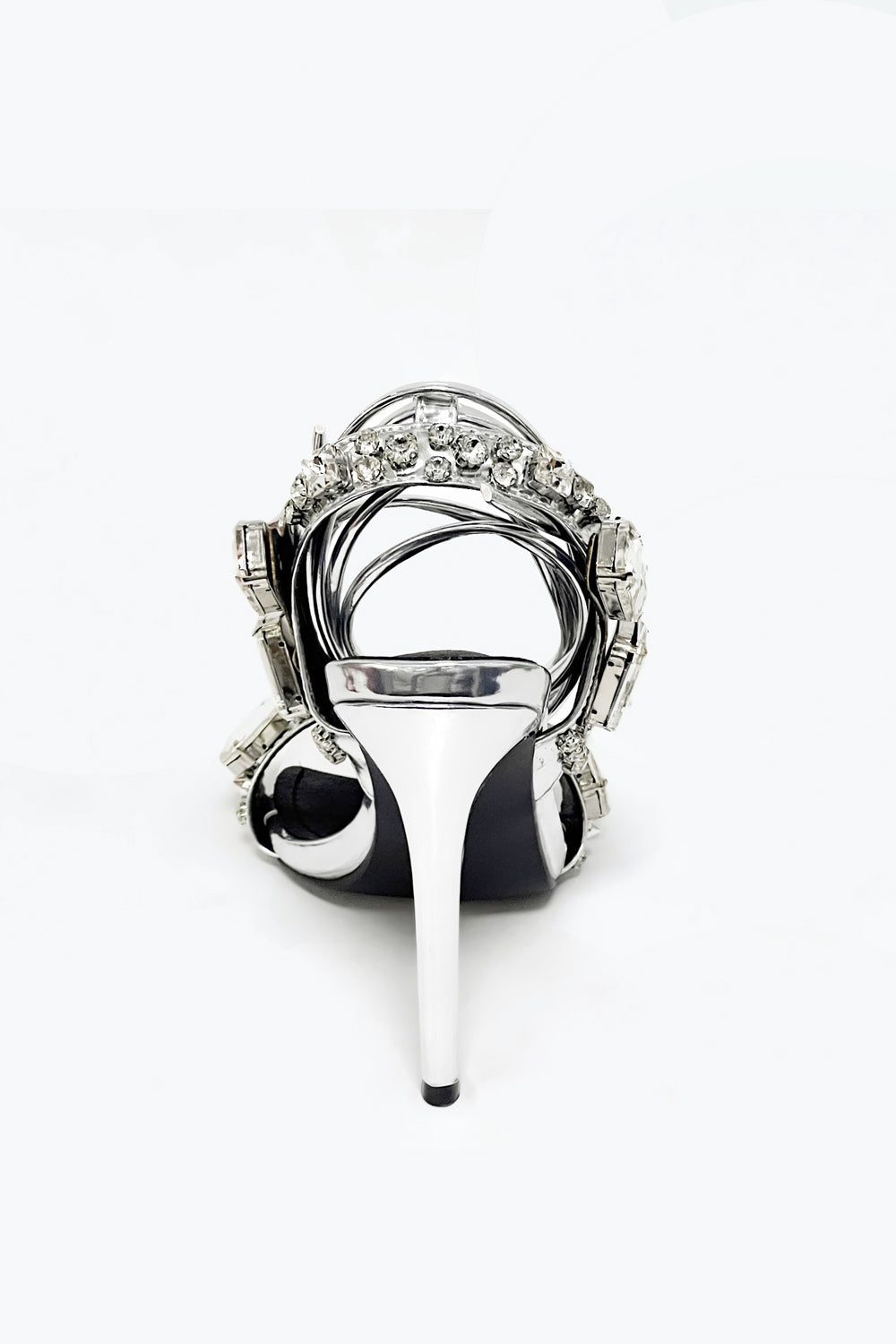 Heeled Sandals with Oversized Stones and Lace-Up Straps - Silver