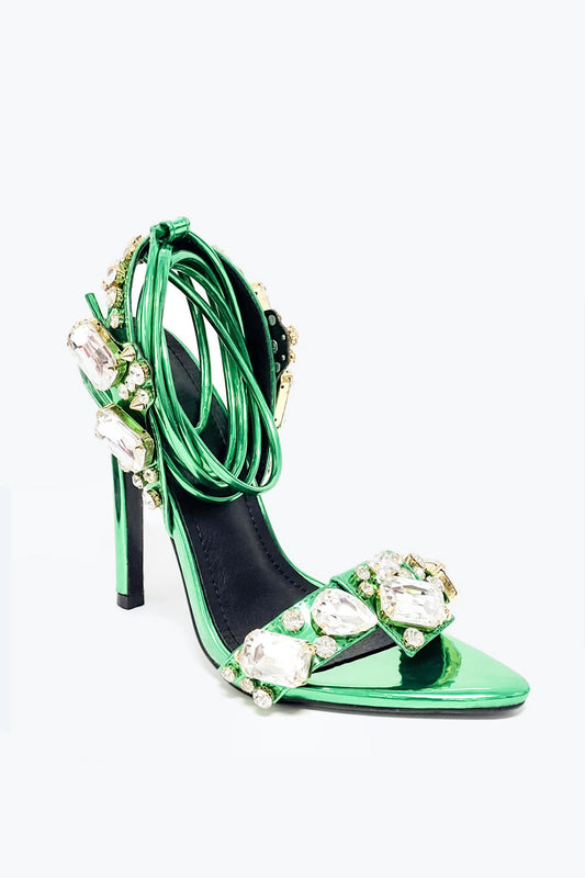 Heeled Sandals with Oversized Stones and Lace-Up Straps - Green