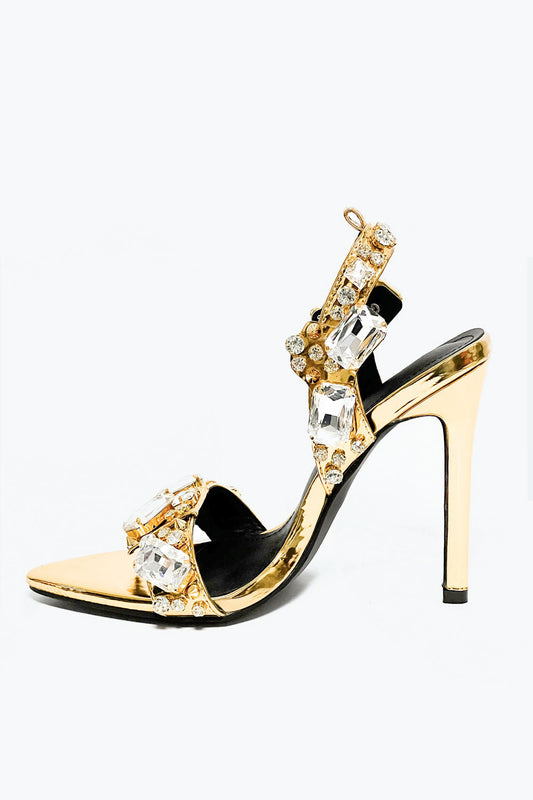 Heeled Sandals with Oversized Stones and Lace-Up Straps - Gold