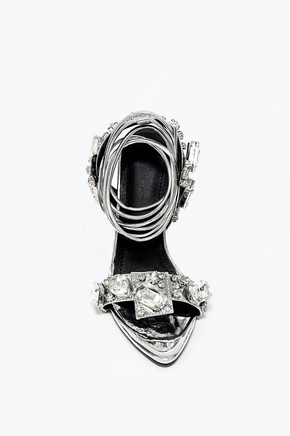 Heeled Sandals with Oversized Stones and Lace-Up Straps - Silver