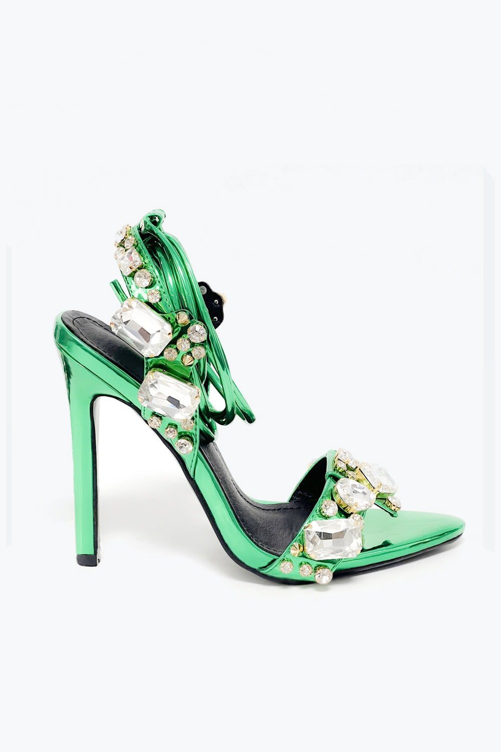 Heeled Sandals with Oversized Stones and Lace-Up Straps - Green