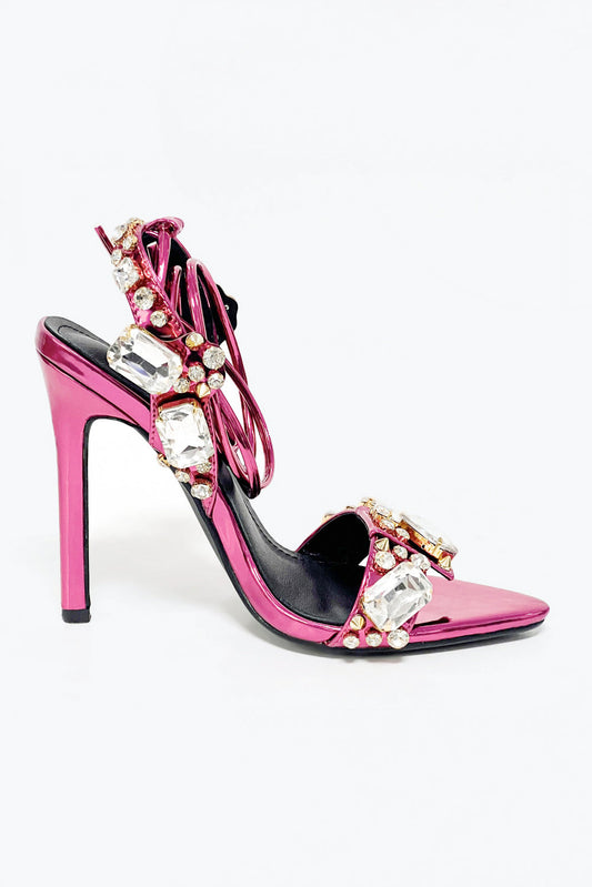 Heeled Sandals with Oversized Stones and Lace-Up Straps - Pink