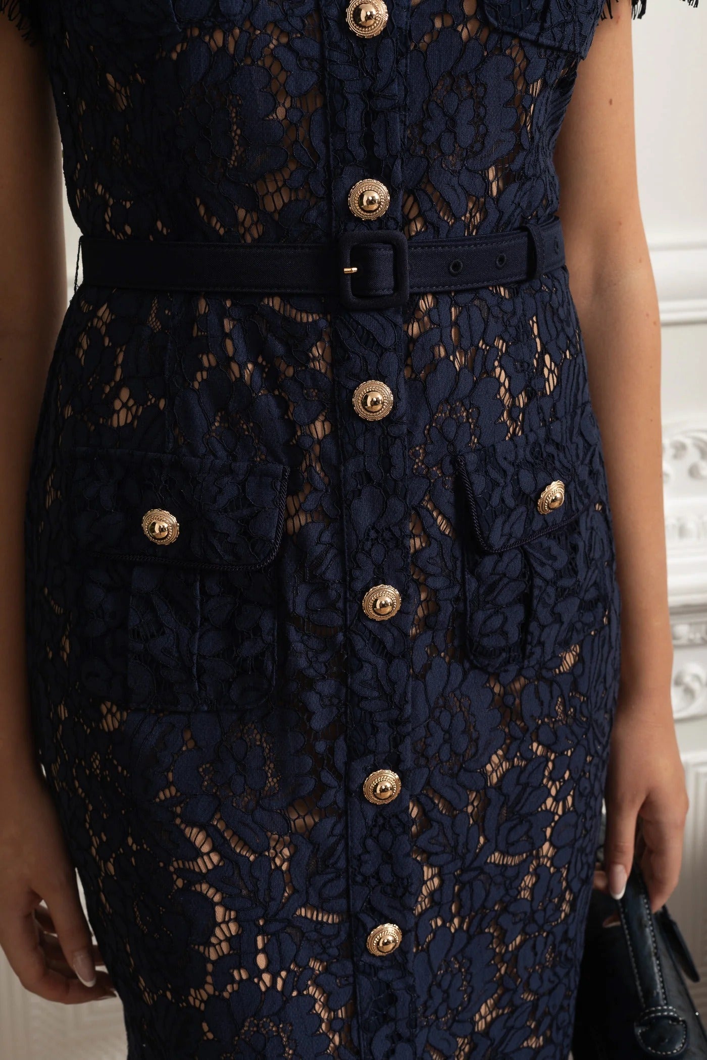 Lace Shirt Dress With Contrast Collar And Gold Button Detail - Dark Blue