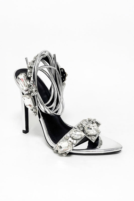 Heeled Sandals with Oversized Stones and Lace-Up Straps - Silver
