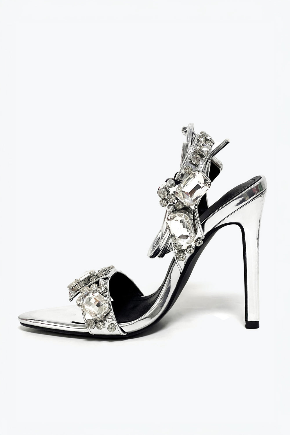 Heeled Sandals with Oversized Stones and Lace-Up Straps - Silver