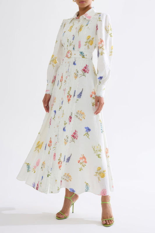 Floral Button-Down Midi Dress with Belted Waist - White