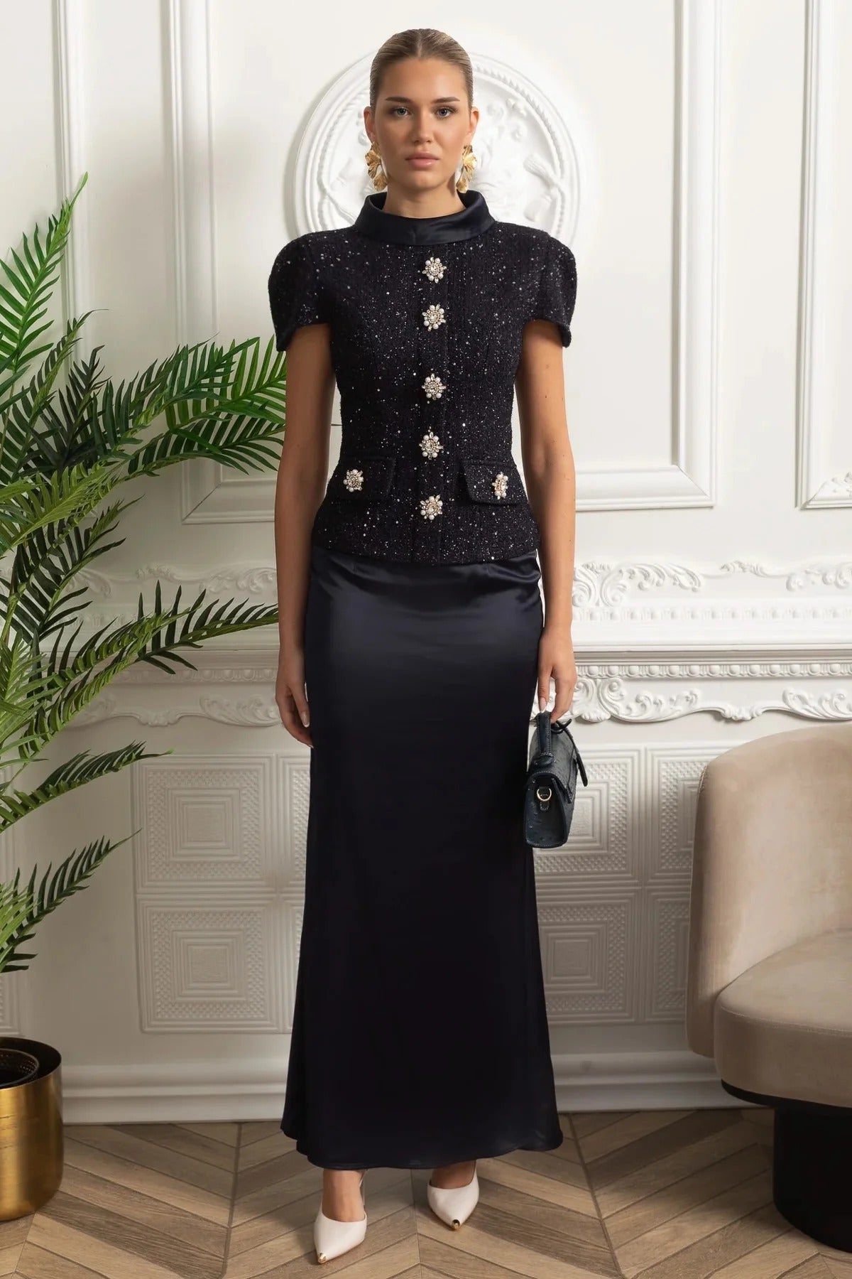 Tweed Embellished Short Sleeve Top and Satin Maxi Skirt Set - Dark Blue
