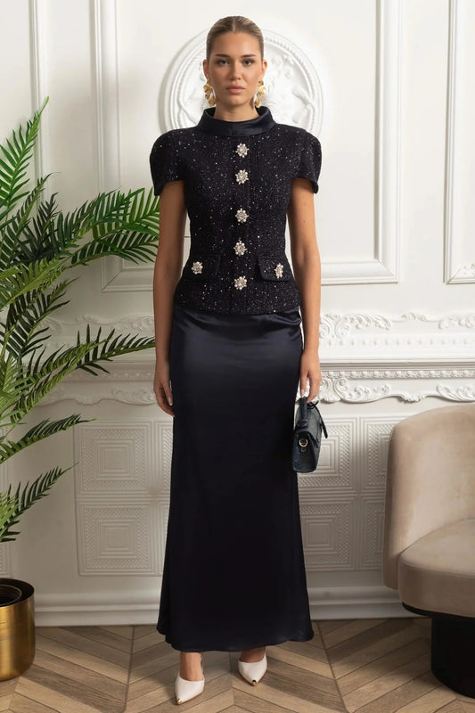Tweed Embellished Short Sleeve Top and Satin Maxi Skirt Set - Dark Blue