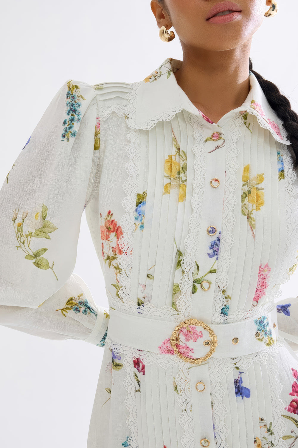 Floral Button-Down Midi Dress with Belted Waist - White