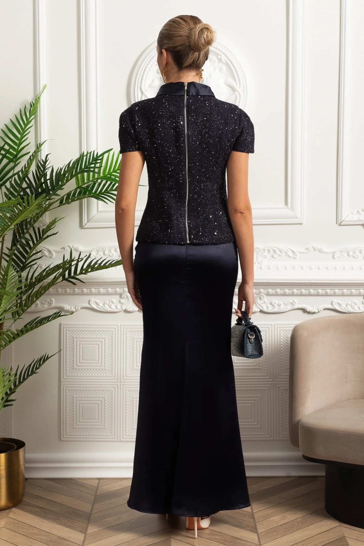 Tweed Embellished Short Sleeve Top and Satin Maxi Skirt Set - Dark Blue