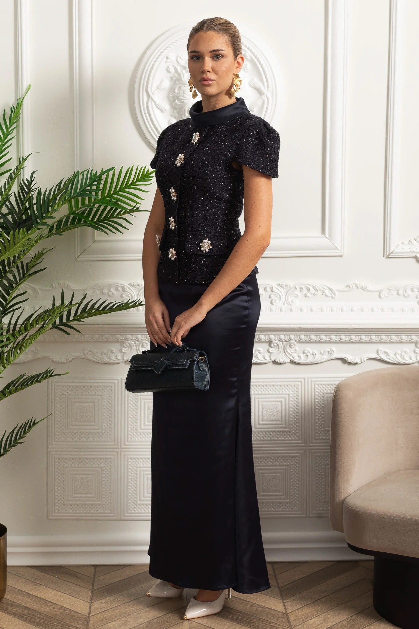 Tweed Embellished Short Sleeve Top and Satin Maxi Skirt Set - Dark Blue
