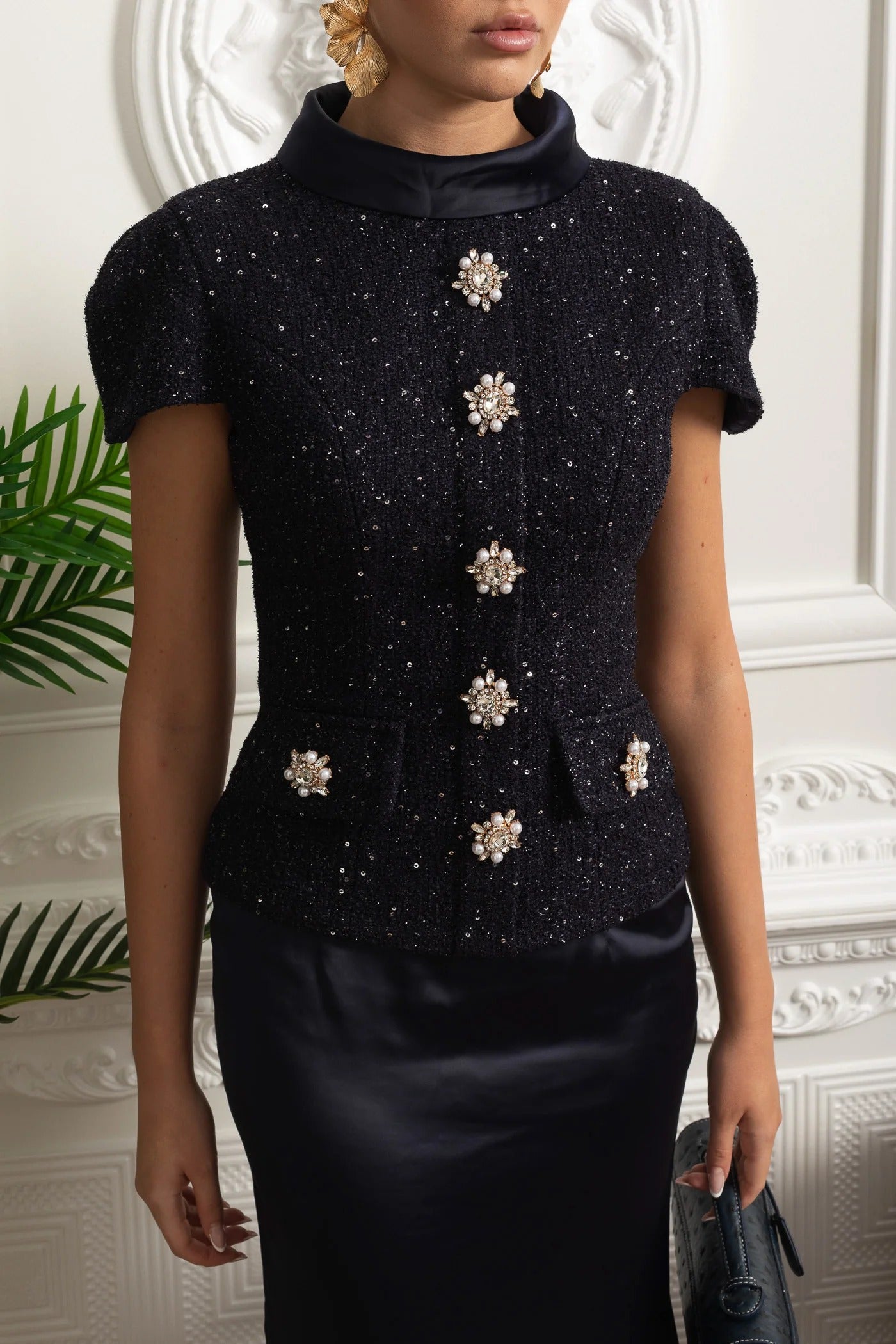 Tweed Embellished Short Sleeve Top and Satin Maxi Skirt Set - Dark Blue