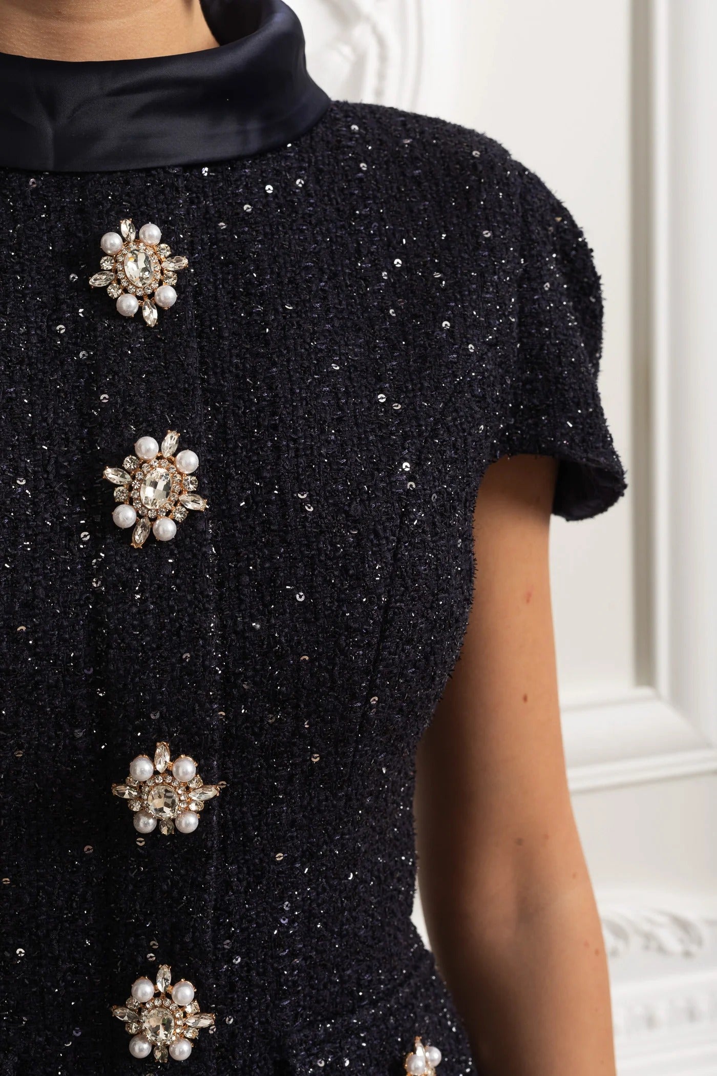 Tweed Embellished Short Sleeve Top and Satin Maxi Skirt Set - Dark Blue