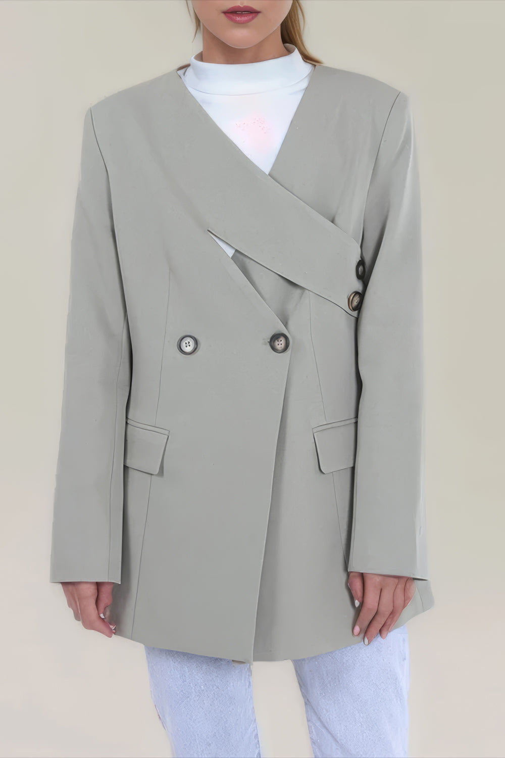 Asymmetrical Double-Breasted Blazer with Overlapping Front Detail - Gray