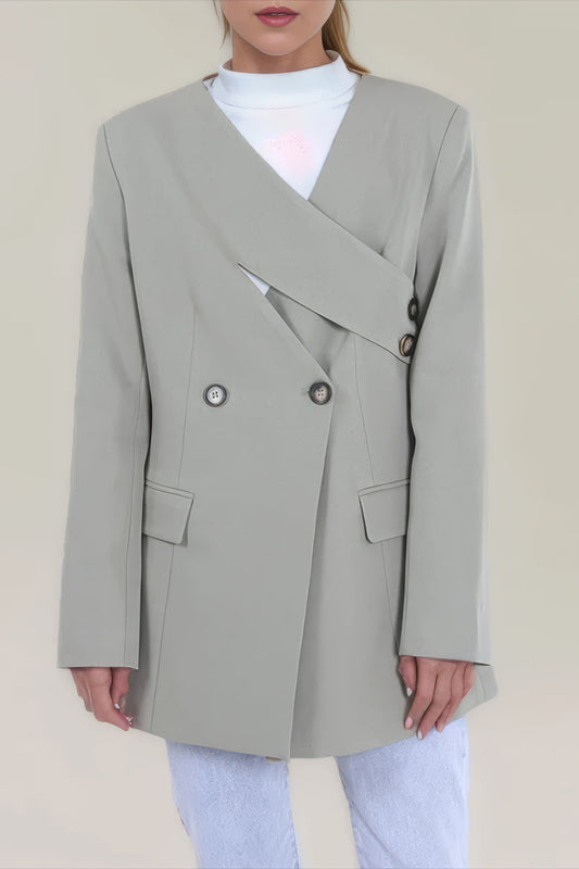 Asymmetrical Double-Breasted Blazer with Overlapping Front Detail - Gray