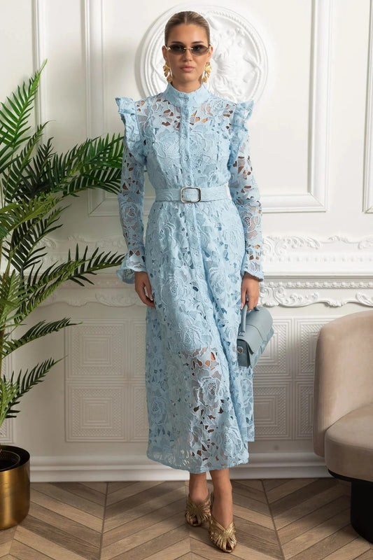Floral Lace Long Sleeve Belted Shirt Dress - Blue