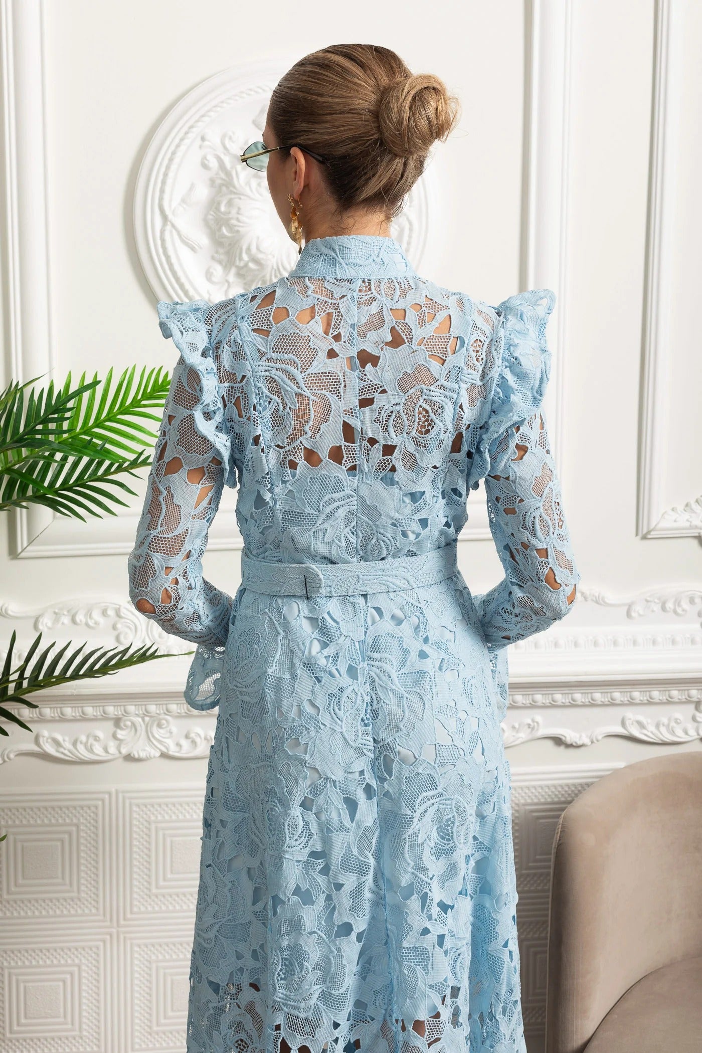 Floral Lace Long Sleeve Belted Shirt Dress - Blue
