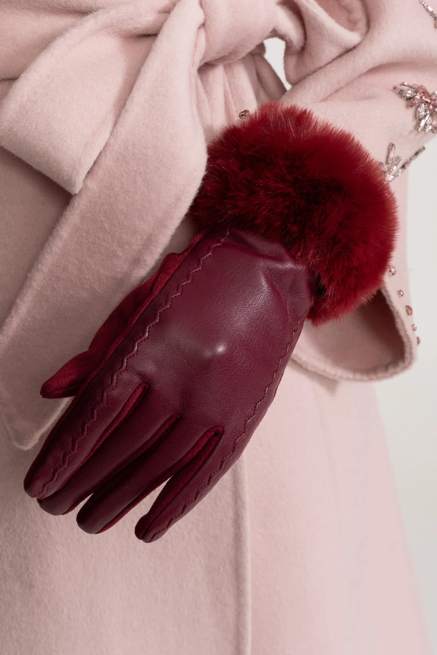 Leather Gloves with Fur Trim - Red