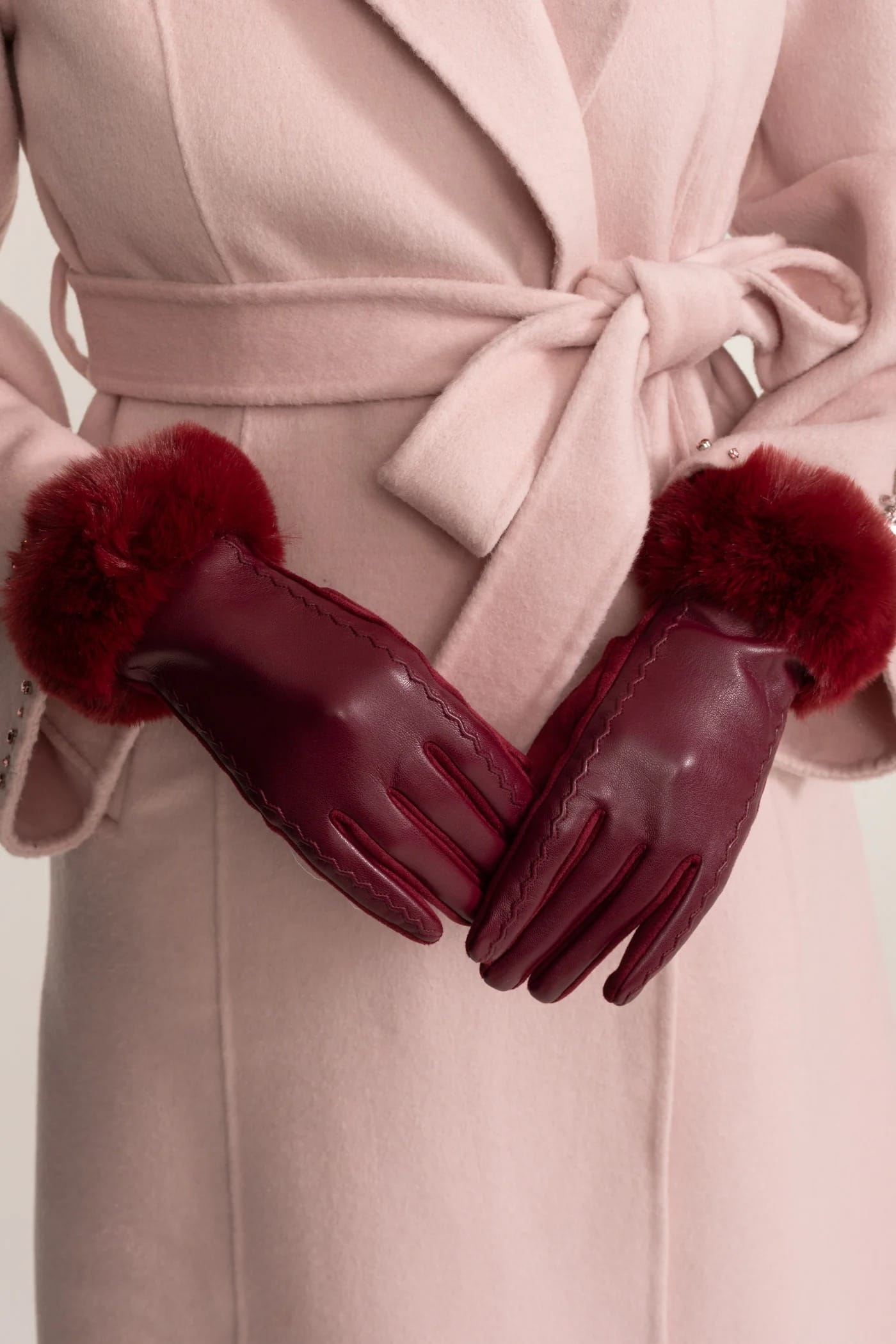 Leather Gloves with Fur Trim - Red