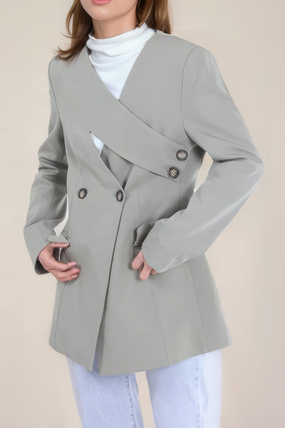 Asymmetrical Double-Breasted Blazer with Overlapping Front Detail - Gray
