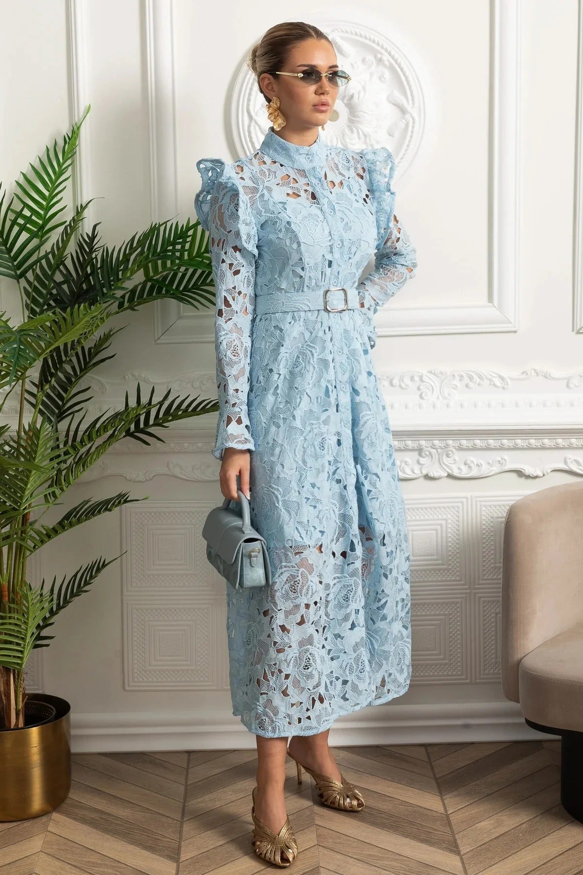 Floral Lace Long Sleeve Belted Shirt Dress - Blue