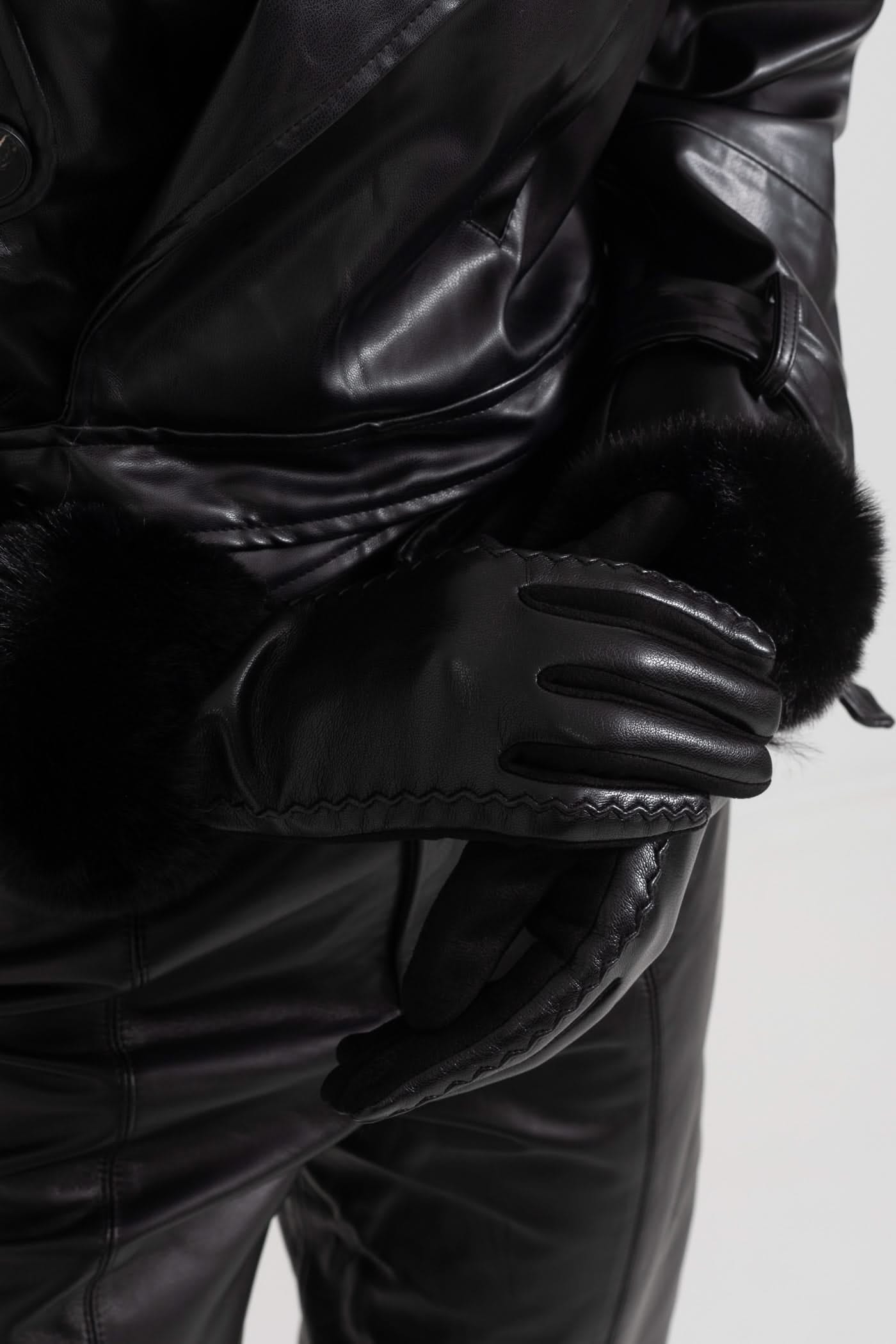 Leather Gloves with Fur Trim - Black