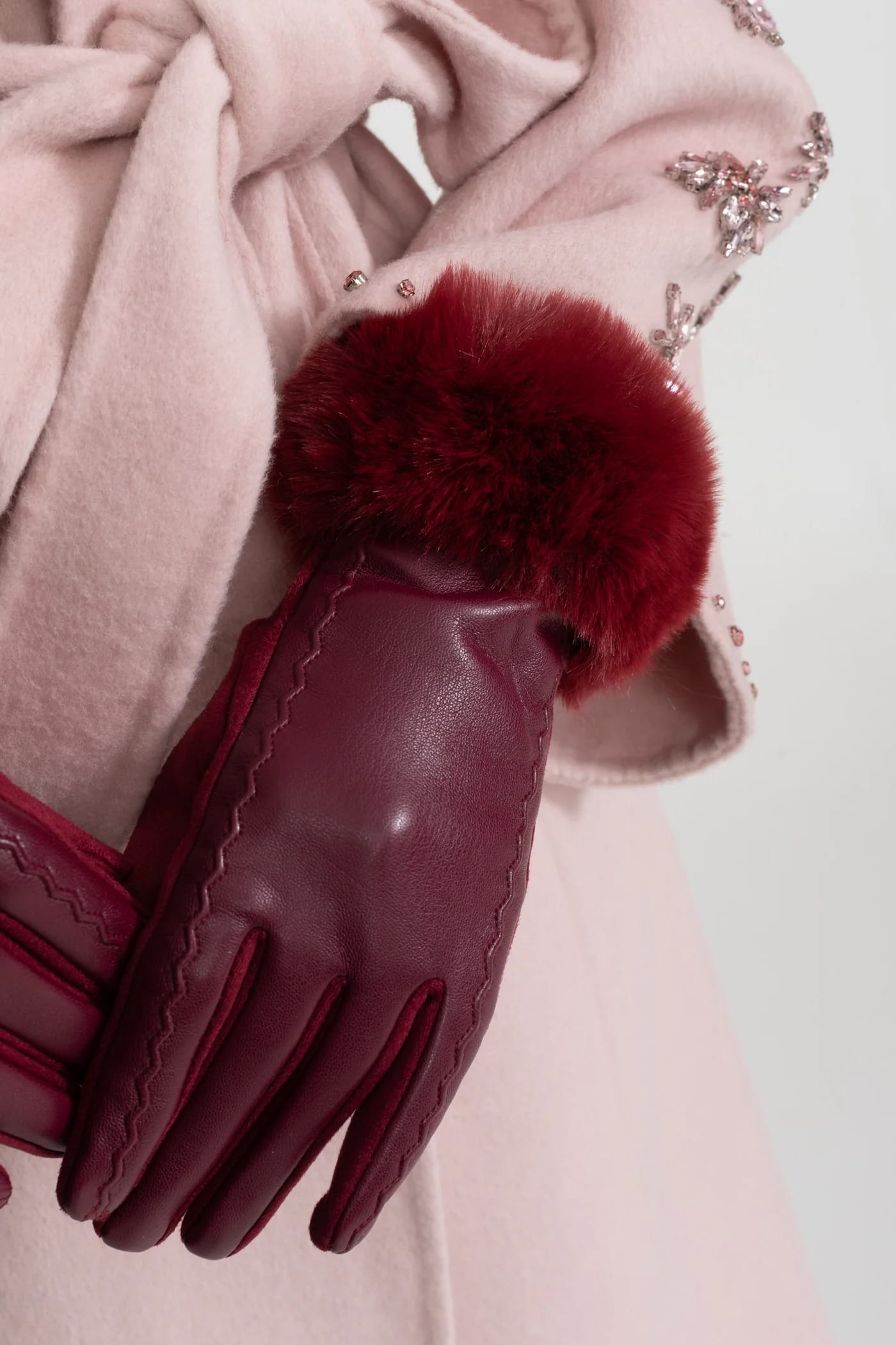 Leather Gloves with Fur Trim - Red
