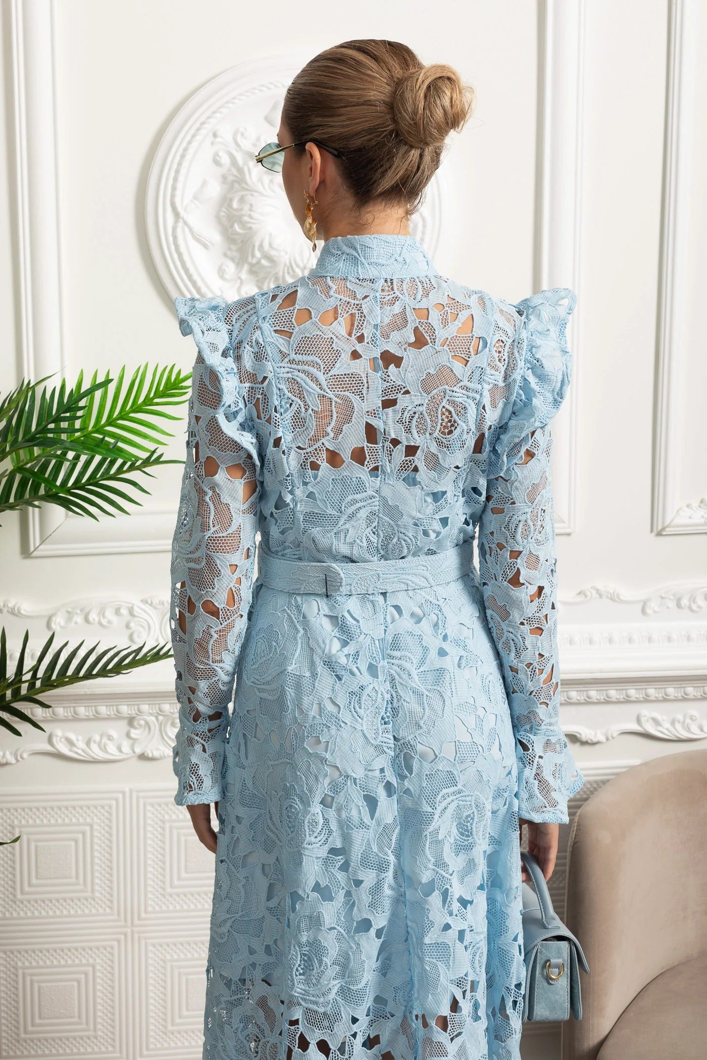 Floral Lace Long Sleeve Belted Shirt Dress - Blue