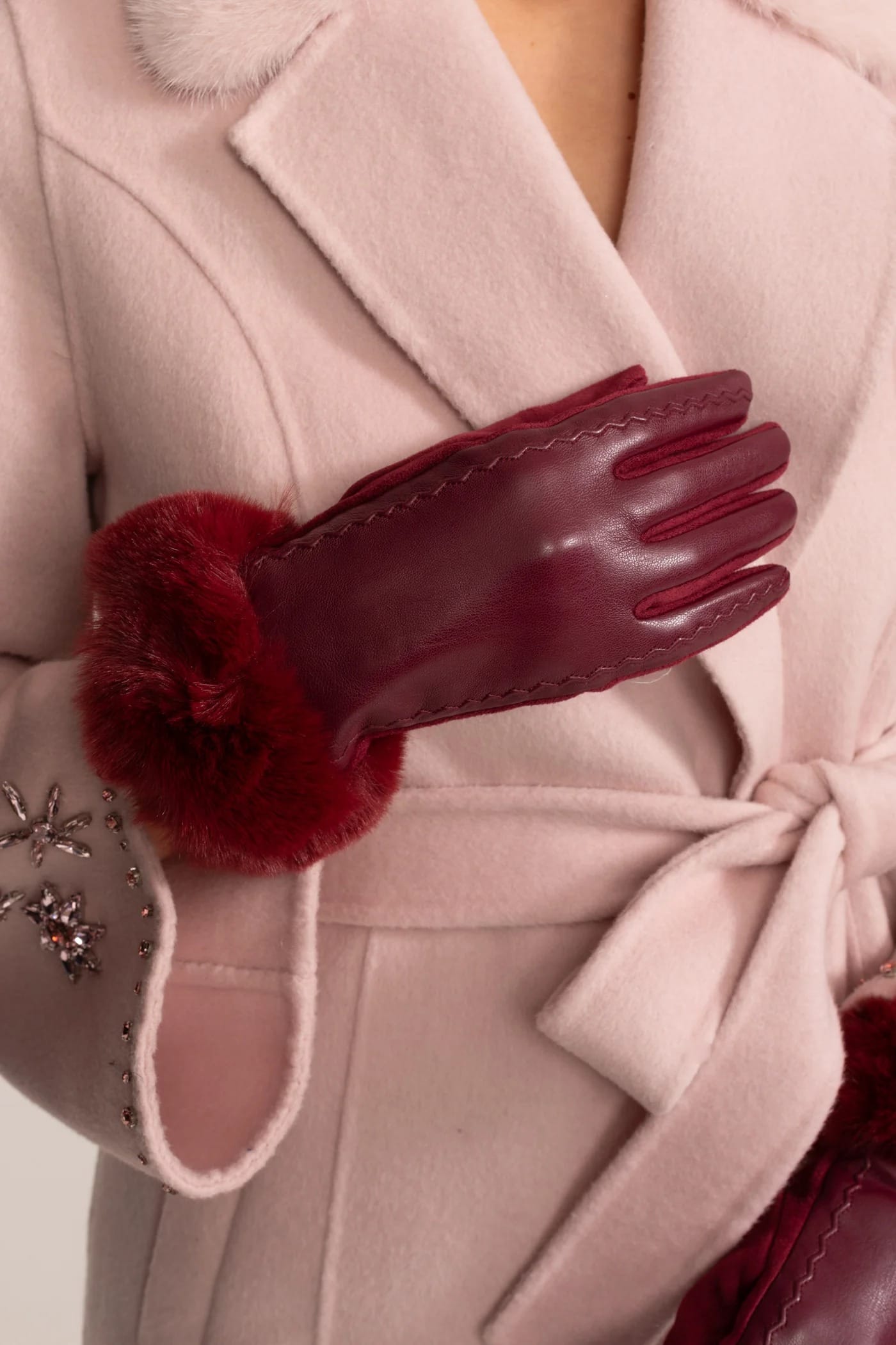 Leather Gloves with Fur Trim - Red