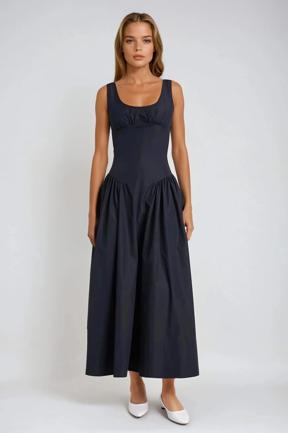 Sleeveless Gathered Midi Dress - Blue