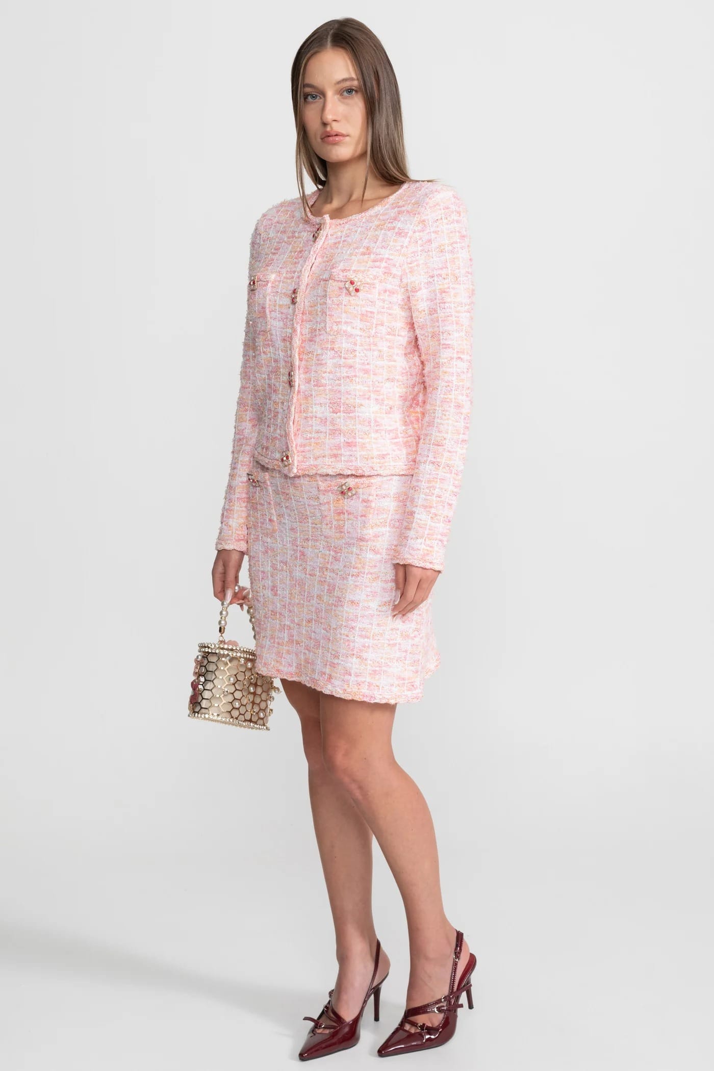 Two-Piece Set with Textured Long Sleeve Jacket and Mini Skirt - Pink
