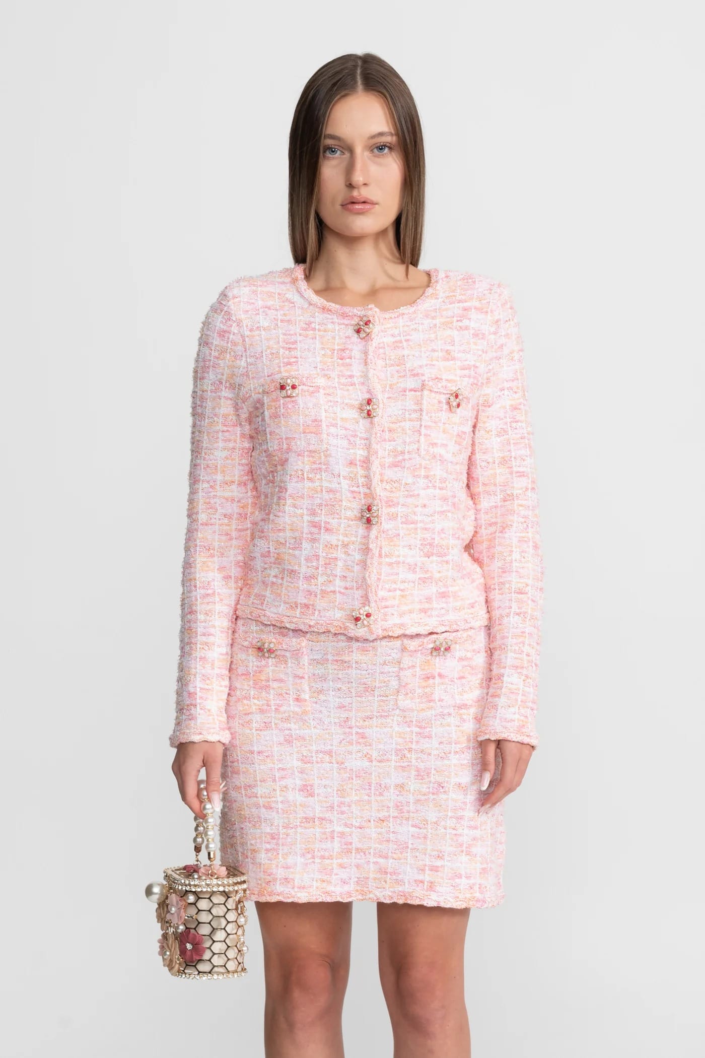 Two-Piece Set with Textured Long Sleeve Jacket and Mini Skirt - Pink